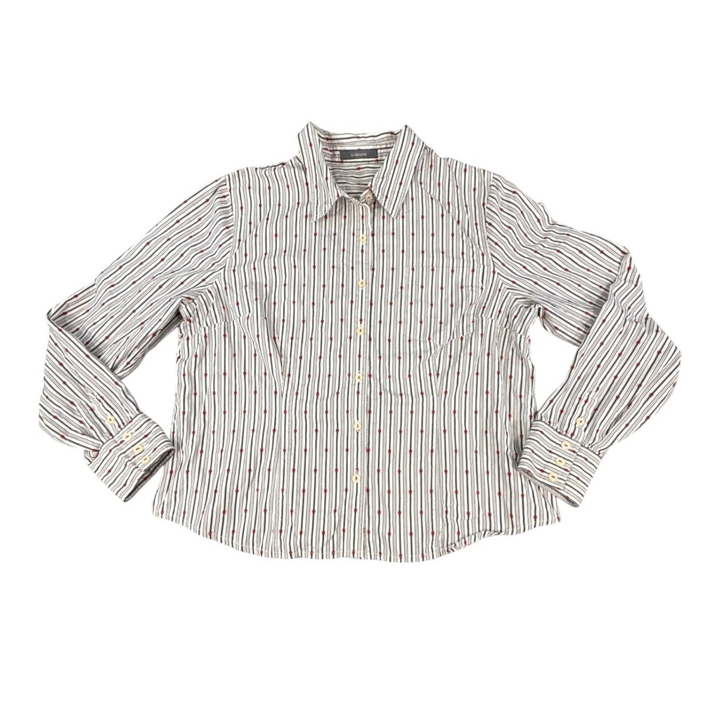 Liz Claiborne Womens XL Button Down Shirt Striped Red Dot White Cottagecore